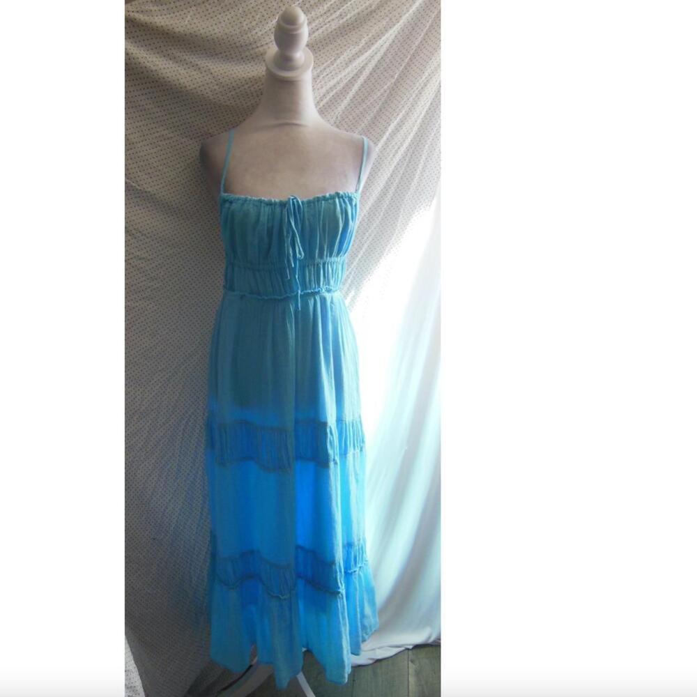 NEW FREE PEOPLE Turquoise AQUA Taking Sides TIERED Cotton OPEN BACK Maxi DRESS L - Picture 7 of 16